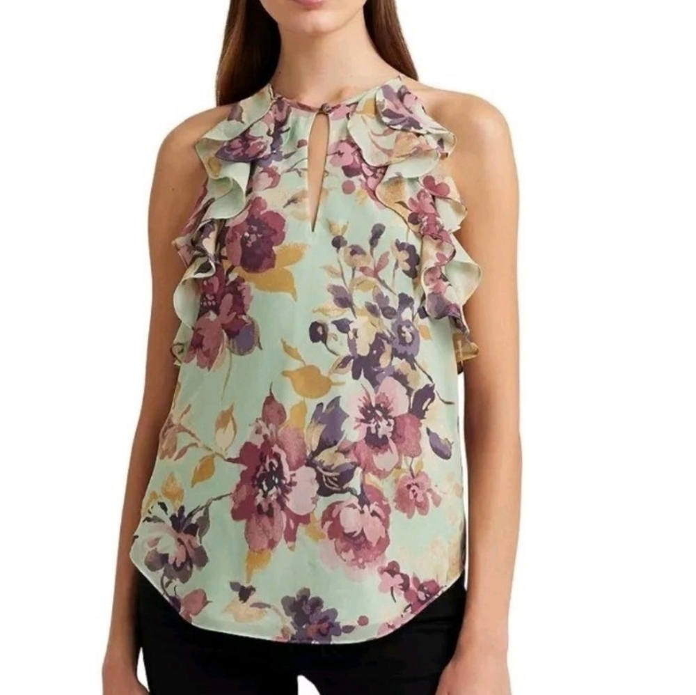 Women's Floral Ruffle Top - Blue and Purple 8 Lauren Ralph Lauren - Picture 1 of 9